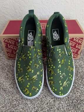NIB Vans Boy's Kids Asher Dino Skeleton Dark Green Slip On Sneakers Size 5